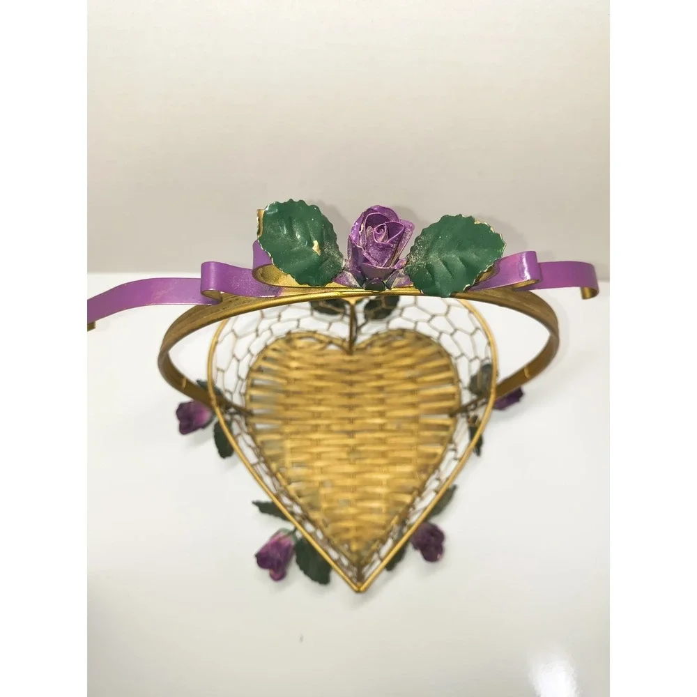 Gold Metal Heart Shaped Basket‎ Purple Roses Wicker Bottom ~Display Storage Gift